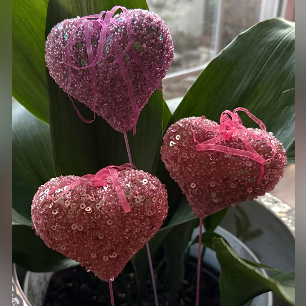 Set Of 3 pink Sequins Hearts. Home decoration. New - Picture 10 of 12